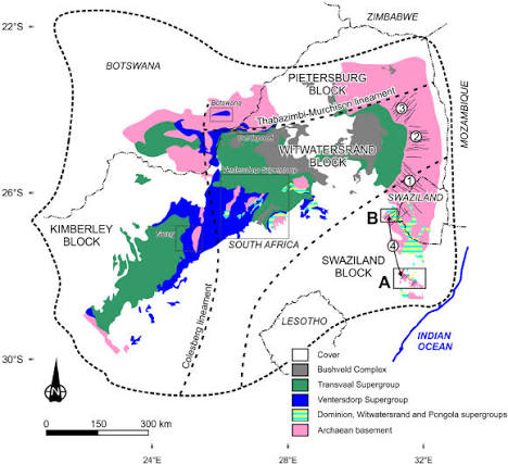 Geological map of the Kaapvaal Craton, modified after Eglington &... | Download Scientific Diagram