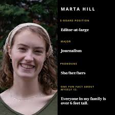 Meet the spring 2023 senior staff! Editor-in-chief: Rachel Erwin  (@rachel__erwin ) Managing editor: Annah Chaya (@annahchaya ) Managing  editor: Sarah Barber (@_sarahbarber ) Editor-at-large: Marta Hill  (@martajhill ) Headshots taken by Quillan