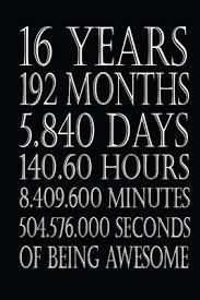 At 16 years old, you'll be 5840 days old! 16 Years 192 Months 5 840 Days 140 60 Hours 8 409 600 Minutes 504 576 000 Seconds Of Being
