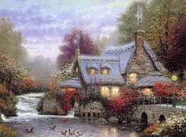 Maison Du Meunier Thomas Kinkade Kincaid Soiree Maison Fleurs Canards Pont Wallpaper Thomas Kinkade Paintings Kinkade Paintings Thomas Kinkade