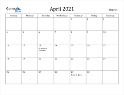 Kalender dan agenda bulanan untuk setiap hari, minggu, bulan dan tahun dengan bidang untuk entri dan catatan Brunei April 2021 Calendar With Holidays