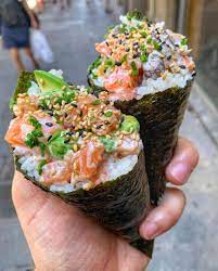 foodbeast on instagram salmon temaki ya a japanese staple filled with salmon rice avocado mushrooms found food cook at home salmon burgers