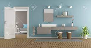Vasthu shastra bedroom | arranging the bed at bedrooms and head positions while sleeping if you feels that wash basin is compulsory at your bedroom, then place is towards north or east. Modern Bathroom With Washbasin Of The Master Bedroom 3d Rendering Stock Photo Picture And Royalty Free Image Image 59667760