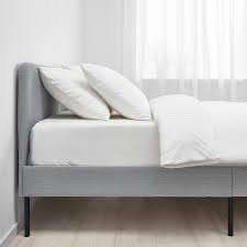 Upholstered bed covered in fabric, synthetic nubuck, micro nubuck, synthetic leather or soft leather. Slattum Upholstered Bed Frame Knisa Light Grey Queen Ikea