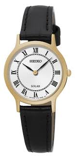 New Seiko Sup304 Solar Gold Tone Black Leather Strap 26mm Ladies Watch Seiko Dress With Images Black Leather Strap Leather Straps Womens Watches