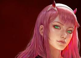 Zero Two, fantasy, demon, girl, face, horns, ramzapsyru, art, luminos,  pink, HD wallpaper