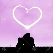 Silhouettes of man and woman sitting on a bench at night time. Silhouette Of Romantic Couple Sitting Looking At A Heart Shaped Stock Photo Picture And Royalty Free Image Image 65305365