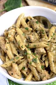 Chicken Pesto Pasta In A White Bowl Pesto Pasta Recipes Pesto Pasta Recipes Chicken Creamy Pesto Chicken Pasta