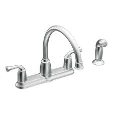 Kitchen sinks to complement their wide range of kitchen faucets, moen offers a great selection one and two bowl kitchen sinks in 15, 18, 20 and 22 gauge stainless steel. Moen Banbury 2 Handle Mid Arc Standard Kitchen Faucet With Side Sprayer In Chrome Ca87553 The Home Depot