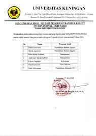 Ketua tim vaksinasi rsud kota bandung dr henny indriani mengatakan, peserta vaksinasi untuk warga berusia 18 tahun ke atas ini harus mendaftar dulu pada google form yang disediakan pihaknya. Pengumuman Hasil Seleksi Program Transfer Kredit Internasional Tahun 2020 Universitas Kuningan