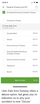 View the menu, check prices, find on the map, see photos and ratings. 1001 1 X Steak Cheese Sub 6 Shredded Monterey Cheddar Cheese Provolone Cheese 6 Sub Add Ons Choose Up To 9 Double Meat 169 Deluxe 079 Extra American Cheese 059 059 Extra
