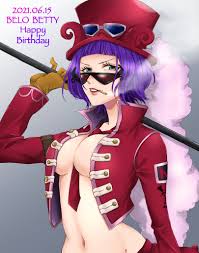 belo betty, one piece, commentary, highres, 1girl, blue eyes, blunt bangs,  bob cut, breasts, cigarette, cleavage, cowboy shot, dated, eyelashes,  gloves, goggles, goggles on headwear, gradient background, grey background,  happy birthday, hat