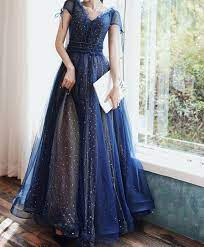 Stars Moon Sequins Prom Dress Navy Blue Long Evening Dress V Etsy
