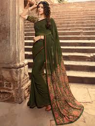 Mehendi Green Georgette Plain Saree With Floral Printed Pallu Printed Sarees Casual Saree Georgette Sarees