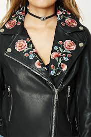 A Faux Leather Moto Jacket Featuring Floral Embroidery Asymmetrical Zip Up Front Notched Collar With Snap Leather Jackets Women Leather Jacket Style Jackets