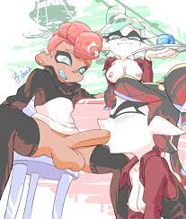 1boy 2d 2girls alternate breast size balls big breasts big penis  black hair blowjob blowjob face blush breasts callie (splatoon) closed eyes  closed mouth clothed clothing dark-skinned male dark