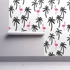 Isobar Durable Wallpaper Featuring Palm Tree Fabric Flamingo Summer Tropical Print Black And Pink By Andrea Laure Palm Tree Fabric Tree Wallpaper Flamingo