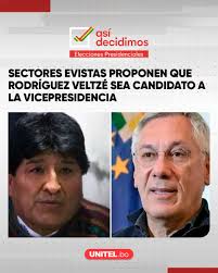Sectores sociales afines al evismo exteriorizaron este martes la propuesta  para que el expresidente Eduardo Rodríguez Veltzé sea el candidato a la  Vicepresidencia y el compañero de fórmula de Evo Morales, quien
