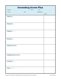 Daily Lesson Plan Template With Subject Grid Secondary Lesson Plan Template Free Teacher Lesson Plans Template Daily Lesson Plan