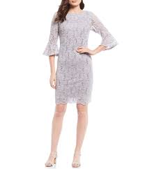 Leslie Fay Sequin Glitter Lace Bell Sleeve Scallop Hem Shift Dress