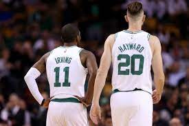 Boston Ma October 2 Kyrie Irving 11 Of The Boston Celtics And Gordon Hayward 20 Look On During The First Half Kyrie Irving Gordon Hayward Boston Celtics