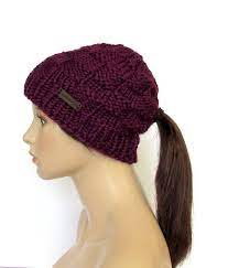 Purple Low Ponytail Hat Chunky Knit Ponytail Beanie Winter Etsy Knitted Ponytail Hat Ponytail Hat Ponytail Beanie