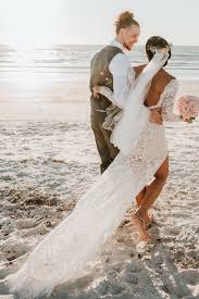 The Beautiful Beach Bride Alexis Looks Perfect In The Madelyn 2 0 Her Dress Is Customized With A Wide V Romantic Bohemian Wedding Dresses Beach Bride Bride