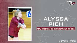 AWARDS: Congrats to NCCUVolleyball sophomore Alyssa Pieh, who was named  MEAC Defensive Player of the Week after recording a match-high 19 digs in  Friday's road win at S.C. State FULL STORY:  https://nccueaglepride.com/news/2021/10/4/womens-volleyball ...