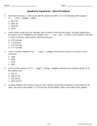 Some word problems require quadratic equations in order to be solved. Quadratic Equations Word Problems Grade 10 Free Printable Tests And Worksheets Helpteaching Com