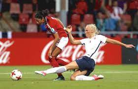 Maria Thorisdottir Right Of Norway And Nadia Nadim 9 Of Denmark Compete For The Ball During The Group A Match Between Norway A Soccer Field Competing Norway