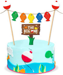 This birthday cake is for the person whose hobby is fishing. Amazon Com The Big One Cake Topper Bobber Gone Fishing Theme Little Fisherman Baby First Birthday Reel Fun Ideas O Fish Ally One Photo Props Decorations Toys Games