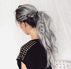 Braid And Ponytail Looks Great With Light Grey Silver Hair And Darker Roots Hair Styles Grey Ombre Hair Grey Hair Color