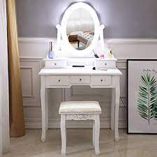 Firlar Makeup Vanity Table Set And Cushioned Stool Dressing Table With Light Bulb 5 Drawers Single Vanity Table Set Dressing Table Lights Wooden Makeup Vanity
