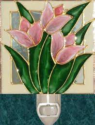 Artisan Made Pink Tulips Flower Night Light Plug In Wall Etsy Stained Glass Flowers Stained Glass Suncatchers Glass Painting Designs