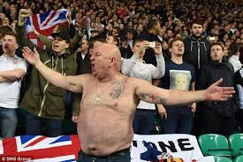 Flags at england fixtures rarely link fans to the big premier league clubs or major cities. A Shirtless Fan Sings With Gusto In The Stands In Glasgow As England Faced Scotland Football Chants Football Football Rivalries