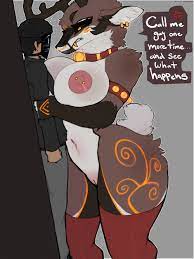 2022 absurd res ace(claweddrip) angry anthro antlers areola  breasts brown body brown fur capreoline claweddrip clothing cross-popping  vein dark body dark skin deer dialogue duo english text female feya