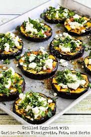 Grilled Eggplant With Garlic Cumin Vinaigrette Feta And Herbs Grilled Eggplant Recipes Ways To Cook Eggplant Vegetable Dishes