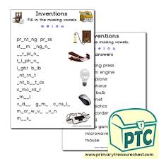 Inventions Themed Missing Vowels Worksheet Primary Treasure Chest In 2020 Vowel Worksheets Inventions Inventors Topic
