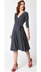Unique Vintage 1940s Style Navy Blue Ivory Dotted Kelsie Wrap Dress Vintage Dresses Vintage Inspired Fashion 1940s Fashion