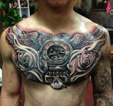 Realistic 3d Watch And Wings Tattoo On Chest Tattoos For Guys Chest Piece Tattoos Cool Chest Tattoos