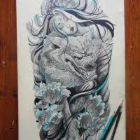 Flower tattoos are exquisite and unique. Beautiful Grey And Turquoise Wolf And Girl Tattoo Design In Japanese Style Tattooimages Biz