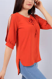 36 95 Tl Kiremit Yaka Baglamali Kol Kesik Bluz 15039b Modamizbir Bluz V Yaka Dantel Bluzlar