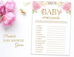 Baby shower word scramble is another very popular baby shower game that is why i have prepared free printables for this game in blue, pink and the person who has unscrambled all or most of the words will win. Baby Word Scramble Floral Word Scramble Game Pink And Gold Etsy Baby Shower Prediction Cards Floral Baby Shower Bohemian Baby Shower