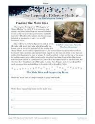 Middle School Main Idea Worksheet About The Legend Of Sleepy Hollow