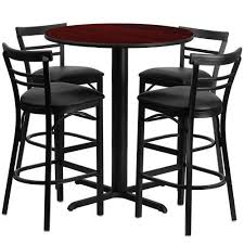 24 Round Mahogany Laminate Table Set With 4 Ladder Back Metal Bar Stools Black Vinyl Seat Hdbf1034 Gg Pub Table Sets Pedestal Pub Table Metal Bar Stools