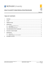 Health Safety Issue Resolution Procedure Table Of