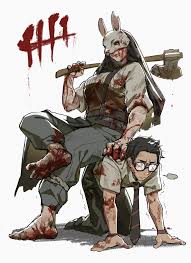 barley juice, dwight fairfield, the huntress (dead by daylight), dead by  daylight, highres, axe, barefoot, blood, blood on axe, blood on clothes,  blood on feet, blood on mask, dirty, dirty feet, femdom,