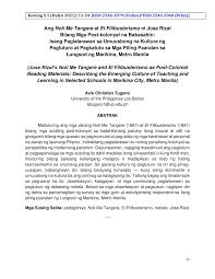 Sino ang pambansang bayani ng pilipinas? Pdf Ang Noli Me Tangere At El Filibusterismo Ni Jose Rizal Bilang Mga Post Kolonyal Na Babasahin Isang Paglalarawan Sa Umuusbong Na Kultura Ng Pagtuturo At Pagkatuto Sa Mga Piling Paaralan Sa Lungsod