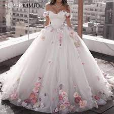 Handmade Flowers Ball Gown Wedding Dresses 2020 Beaded Sparkle Elegant Off The Shoulder Wedding Gown Colored Wedding Dresses Pretty Quinceanera Dresses Ball Dresses
