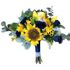 Handle is wrapped in white satin ribbon and accented with royal blue and silver ribbons in. Large Vintage Wedding Bouquet Sunflowers Tulips And Silver Dollar Angel Isabella